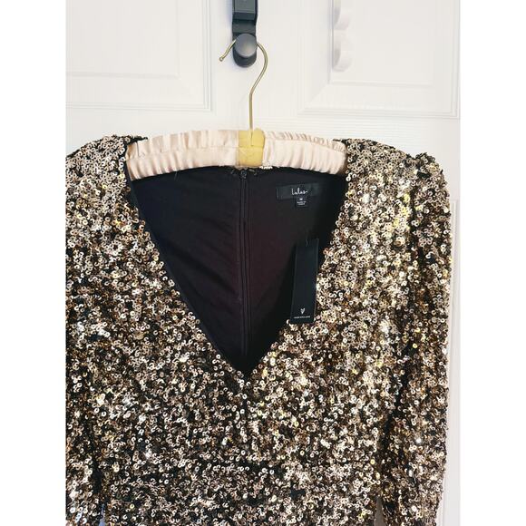 NWT Lulu’s Gold Sequin Long Sleeve Mini Dress Medium Holiday NYE - Picture 8 of 12